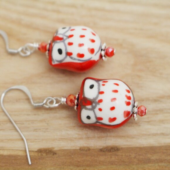 Red Hand Painted Porcelain Owl Beaded Earrings - Handmade & Hypoallergenic - Picture 2 of 8